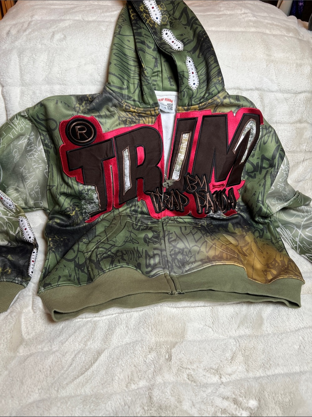 Graphic Zip-Up Hoodie - Green with Red Accents